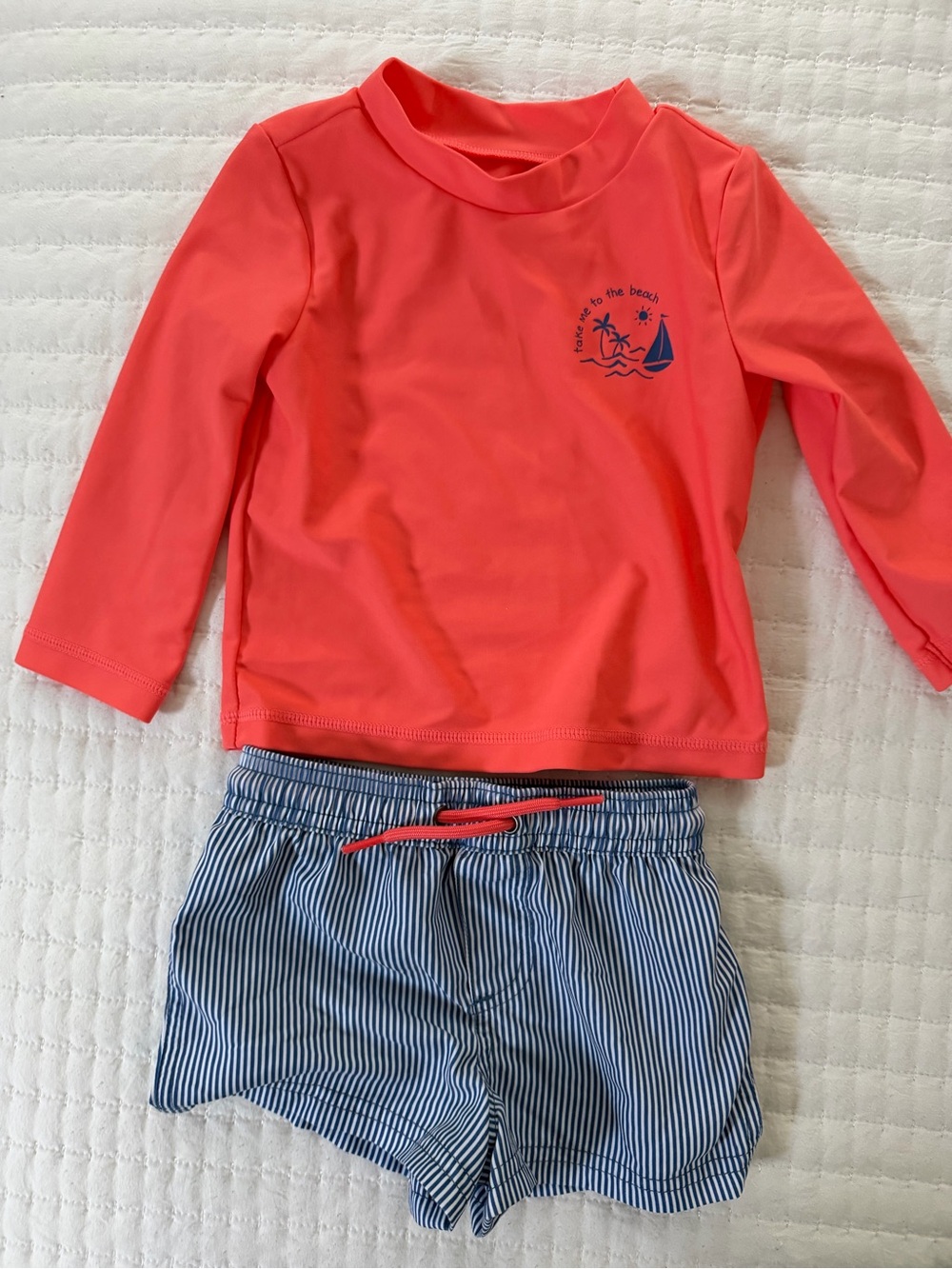 Carter’s Coral Long-Sleeve Rash Guard Swim Set with Stripe Shorts
